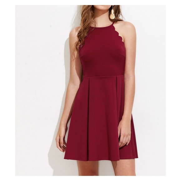 ❗️🔥LAST ONE Burgundy Scallop Pleated Mini Dress - Picture 2 of 4